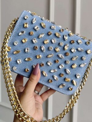Denim Crystal Embellished Flap Clutch
